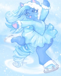 Size: 3200x4000 | Tagged: safe, artist:madisockz, imported from derpibooru, snowflake (g3), earth pony, pony, :3, abstract background, bipedal, blue coat, blue dress, blue eyes, blue mane, blue tail, clothes, colored pinnae, colored underhoof, curly tail, dress, eye clipping through hair, eyeshadow, female, g3, gradient tail, high res, hood, hoof heart, ice skates, ice skating, makeup, mare, open mouth, open smile, ringlets, skates, smiling, snow, snowflake, solo, sparkles, sparkly dress, standing on two hooves, tail, underhoof, windswept mane, wingding eyes, winter