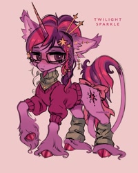 Size: 2400x3000 | Tagged: safe, artist:madisockz, imported from derpibooru, twilight sparkle, classical unicorn, pony, unicorn, alternate color palette, alternate design, alternate hair color, alternate hairstyle, alternate tail color, alternate tailstyle, big ears, big eyes, braid, cheek fluff, clothes, cloven hooves, coat markings, colored hooves, colored pinnae, colored sketch, concave belly, ear fluff, ear piercing, ear tufts, earring, eyebrows, eyebrows visible through hair, eyeshadow, female, freckles, frown, glasses, hair bun, hairclip, hairpin, high res, horn, jewelry, leg warmers, leonine tail, lidded eyes, long mane, long tail, looking away, makeup, mare, necklace, piercing, pink background, pink coat, pink text, purple coat, purple eyes, raised hoof, redesign, shiny hooves, shiny mane, shiny tail, signature, simple background, sketch, socks (coat markings), solo, standing, sweater, tail, text, thin, tied mane, turtleneck, two toned mane, two toned tail, unicorn twilight, unshorn fetlocks, wall of tags, wingding eyes