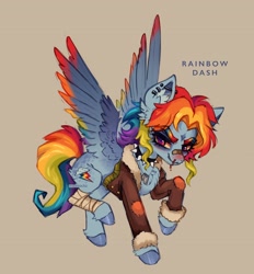 Size: 3422x3684 | Tagged: safe, artist:madisockz, imported from derpibooru, rainbow dash, pegasus, pony, alternate color palette, alternate design, alternate hairstyle, bags under eyes, bandage, bandaged leg, bandaid, bandaid on nose, beige background, blood, blue coat, blue text, bomber jacket, butt fluff, chest fluff, choker, clothes, coat markings, colored eyebrows, colored hooves, colored sketch, colored wings, colored wingtips, dog tags, ear fluff, ear piercing, earring, eyebrows, eyebrows visible through hair, facial markings, female, fetlock tuft, flying, high res, industrial piercing, jacket, jewelry, long mane, long tail, mare, multicolored hair, multicolored mane, multicolored tail, multicolored wings, narrowed eyes, nose blush, nosebleed, piercing, pink eyes, rainbow hair, rainbow tail, rainbow wings, redesign, shiny hooves, shiny mane, shiny tail, signature, simple background, sketch, smiling, solo, speckled, spiked choker, spread wings, star (coat marking), tail, text, thick eyelashes, wall of tags, wing fluff, wingding eyes, wings, wolf cut