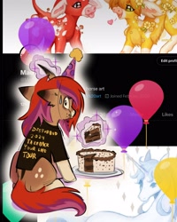 Size: 2400x3000 | Tagged: safe, artist:madisockz, imported from derpibooru, oc, oc only, unnamed oc, pony, unicorn, balloon, birthday, birthday art, birthday cake, cake, cake slice, chewing, clothes, coat markings, colored eartips, colored muzzle, curved horn, disturbed (band), dorsal stripe, ear fluff, eating, facial markings, female, floppy ears, food, glowing, glowing horn, gradient horn, hat, high res, horn, long mane, long tail, looking at you, looking back, looking back at you, magic, mare, mealy mouth (coat marking), meta, multicolored mane, multicolored tail, party hat, ponysona, rear view, shirt, shrunken pupils, sitting, solo, sweat, sweatdrop, t-shirt, tail, telekinesis, twitter, unicorn oc, unique horn