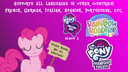 Size: 1920x1080 | Tagged: safe, artist:lancescout, imported from ponybooru, pinkie pie, earth pony, pony, rainbow roadtrip, equestria girls logo, female, french, friendship is forever, german, hasbro, italian, language, my little pony logo, portuguese, sign, solo, spanish, support