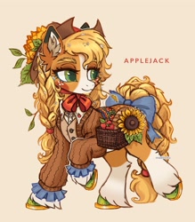 Size: 2965x3390 | Tagged: safe, artist:madisockz, imported from derpibooru, applejack, earth pony, pony, :3, alternate clothes, alternate color palette, alternate design, alternate hairstyle, alternate tailstyle, apple, applejack's hat, big ears, big eyes, blaze (coat marking), blonde mane, blonde tail, blushing, bow, braid, braided ponytail, braided tail, bread, button-up shirt, cardigan, chin fluff, clothes, coat markings, colored ear fluff, colored eartips, colored eyebrows, colored hooves, colored muzzle, colored pinnae, cottagecore, cowboy hat, dress shirt, ear fluff, facial markings, female, flower, flower in hair, food, freckles, green eyes, hat, high res, horseshoes, lidded eyes, long mane, long tail, looking away, mare, mealy mouth (coat marking), neck bow, orange coat, orange text, ponytail, raised hoof, redesign, saddle basket, shiny hooves, shiny mane, shiny tail, shirt, signature, simple background, smiling, socks (coat markings), solo, stick in mane, straw in mouth, sunflower, tail, tail bow, text, tied mane, tied tail, unshorn fetlocks, walking, wall of tags, wingding eyes, yellow background