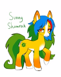 Size: 1280x1600 | Tagged: safe, alternate version, artist:madisockz, imported from derpibooru, oc, oc only, oc:sunny shamrock, earth pony, pony, blaze (coat marking), coat markings, colored belly, colored eartips, colored hooves, colored pinnae, ear fluff, earth pony oc, eye clipping through hair, eyebrows, eyebrows visible through hair, eyeshadow, facial markings, female, gradient ears, green tail, lidded eyes, long mane, long tail, makeup, mare, mealy mouth (coat marking), multicolored mane, pale belly, raised hoof, simple background, smiling, socks (coat markings), solo, standing, tail, two toned tail, white background, yellow coat, yellow eyes