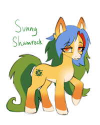 Size: 1638x2048 | Tagged: safe, alternate version, artist:madisockz, imported from derpibooru, oc, oc only, oc:sunny shamrock, earth pony, pony, blaze (coat marking), coat markings, colored belly, colored eartips, colored hooves, colored pinnae, ear fluff, earth pony oc, eye clipping through hair, eyebrows, eyebrows visible through hair, eyeshadow, facial markings, female, gradient ears, green tail, lidded eyes, long mane, long tail, makeup, mare, mealy mouth (coat marking), multicolored mane, pale belly, raised hoof, simple background, smiling, socks (coat markings), solo, standing, tail, two toned tail, white background, yellow coat, yellow eyes