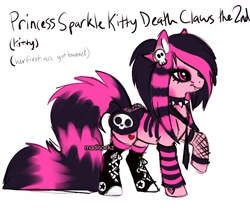 Size: 3000x2539 | Tagged: safe, artist:madisockz, imported from derpibooru, oc, oc only, oc:princess sparkle kitty death claws the 2nd, earth pony, pony, choker, clothes, coat markings, colored eartips, colored pinnae, converse, dyed mane, dyed tail, ear fluff, earth pony oc, edgy, emo, eyeshadow, fangs, female, fishnet clothing, heart, heart eyes, heart mark, high res, hoof shoes, impossibly large tail, leg warmers, long mane, long tail, makeup, mare, necktie, pink coat, pink eyes, profile, raised hoof, scemo, scene, scene hair, shoes, simple background, skelanimals, smiling, sneakers, solo, spiked choker, standing, stripes, tail, two toned mane, two toned tail, white background, wingding eyes