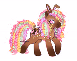 Size: 2048x1638 | Tagged: safe, artist:madisockz, imported from derpibooru, oc, oc only, oc:daisy petals, earth pony, pony, body freckles, brown coat, bunny ears, coat markings, colored belly, colored eartips, colored pinnae, curly mane, curly tail, dreadlocks, earth pony oc, facial markings, female, freckles, long mane, long tail, looking back, makeup, mare, mealy mouth (coat marking), multicolored mane, multicolored tail, pale belly, pink eyes, profile, raised hoof, raised leg, signature, simple background, smiling, socks (coat markings), solo, tail, white background, wingding eyes