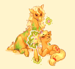 Size: 2048x1887 | Tagged: safe, artist:madisockz, imported from derpibooru, applejack, earth pony, horse, pony, :3, applejack (bella sara), bella sara, blonde mane, blonde tail, blushing, coat markings, colored eyebrows, colored hooves, colored pinnae, crossover, duo, duo female, ear fluff, eye clipping through hair, eyebrows, eyebrows visible through hair, eyes closed, female, floppy ears, flower, flower in hair, flower in tail, focused, freckles, glowing, glowing hooves, height difference, long mane, long tail, looking at something, lying down, magic, mare, orange coat, orange eyes, prone, shiny hooves, signature, simple background, sitting, smiling, sparkles, splotches, tail, telekinesis, tied tail, tongue out, wingding eyes, yellow background