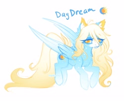 Size: 3568x2912 | Tagged: safe, alternate version, artist:madisockz, imported from derpibooru, oc, oc only, oc:daydream, pegasus, pony, :3, ahoge, big eyes, blaze (coat marking), blonde mane, blonde tail, blue coat, body freckles, chest fluff, coat markings, colored ear fluff, colored eyebrows, colored muzzle, colored pinnae, colored sketch, colored wings, colored wingtips, ear fluff, eye clipping through hair, eyebrows, eyebrows visible through hair, facial markings, female, flying, freckles, gradient legs, gradient mane, gradient tail, gradient wings, high res, impossibly long tail, lidded eyes, long mane, long tail, mare, mealy mouth (coat marking), partially open wings, pegasus oc, signature, simple background, sketch, smiling, socks (coat markings), solo, tail, tired eyes, two toned mane, two toned tail, two toned wings, white background, wingding eyes, wings, yellow eyes