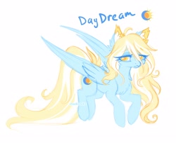 Size: 3568x2912 | Tagged: safe, alternate version, artist:madisockz, imported from derpibooru, oc, oc only, oc:daydream, pegasus, pony, :3, ahoge, big eyes, blonde mane, blonde tail, blue coat, chest fluff, colored ear fluff, colored eyebrows, colored pinnae, colored sketch, ear fluff, eye clipping through hair, eyebrows, eyebrows visible through hair, female, flying, high res, impossibly long tail, lidded eyes, long mane, long tail, mare, partially open wings, pegasus oc, signature, simple background, sketch, smiling, solo, tail, tired eyes, two toned mane, two toned tail, white background, wingding eyes, wings, yellow eyes