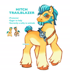 Size: 2048x2148 | Tagged: safe, artist:madisockz, imported from derpibooru, hitch trailblazer, earth pony, pony, alternate design, alternate hairstyle, alternate tailstyle, beard, blue text, coat markings, colored belly, colored eartips, colored eyebrows, colored muzzle, colored pinnae, facial hair, facial markings, frown, g5, high res, hitch trailblazer is not amused, male, missing cutie mark, narrowed eyes, orange eyes, pale belly, profile, raised hoof, redesign, serious, serious face, sheriff's badge, short tail, signature, simple background, socks (coat markings), solo, stallion, standing, star (coat marking), tail, tail bun, teal mane, teal tail, text, thick eyebrows, tied tail, torn ear, two toned mane, two toned tail, unamused, white background, yellow coat