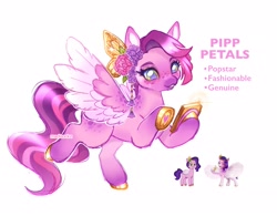 Size: 3132x2437 | Tagged: safe, artist:madisockz, imported from derpibooru, pipp petals, pegasus, pony, :3, adorapipp, alternate color palette, alternate design, alternate eye color, alternate hair color, alternate hairstyle, alternate tail color, alternate tailstyle, body freckles, coat markings, colored eartips, colored eyebrows, colored hooves, colored muzzle, colored pinnae, colored underhoof, colored wings, colored wingtips, cute, female, flower, flower on ear, flying, freckles, g5, gold hooves, gradient ears, gradient legs, green eyes, headpiece, high res, holding phone, hoof heart, hoof hold, hooves, long tail, looking at something, looking down, mare, missing cutie mark, multicolored tail, pink coat, pink text, raised hoof, redesign, shiny hooves, shiny mane, shiny tail, short mane, signature, simple background, smiling, socks (coat markings), solo, sparkles, sparkly hooves, sparkly mane, spread wings, tail, text, two toned eyes, two toned mane, two toned wings, underhoof, wavy mane, wavy tail, white background, wing freckles, wingding eyes, wings