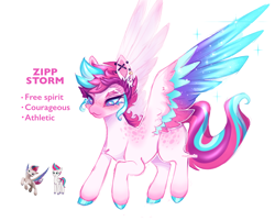 Size: 2048x1650 | Tagged: safe, artist:madisockz, imported from derpibooru, zipp storm, pegasus, pony, :3, adorazipp, alternate design, alternate eye color, alternate hairstyle, blue eyes, blue sclera, blushing, body freckles, chest fluff, coat markings, colored eyebrows, colored hooves, colored muzzle, colored pinnae, colored pupils, colored sclera, colored wings, colored wingtips, cute, cutie mark accessory, cutie mark earrings, ear fluff, ear piercing, earring, facial markings, female, flying, freckles, g5, industrial piercing, jewelry, long mane, long tail, looking down, mare, mealy mouth (coat marking), missing cutie mark, multicolored mane, multicolored tail, multicolored wings, narrowed eyes, piercing, pink text, raised hoof, redesign, shiny hooves, signature, simple background, smiling, solo, sparkles, sparkly wings, spiky mane, spread wings, tail, text, two toned eyes, wavy tail, white background, white coat, wing fluff, wings