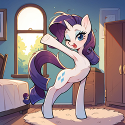 Size: 1024x1024 | Tagged: safe, imported from derpibooru, rarity, pony, ai content, ai generated, cute, generator:pony diffusion v6 xl, generator:stable diffusion, messy mane, morning ponies, one eye closed, prompter:doom9454, standing, stretching, yawn