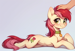 Size: 1200x808 | Tagged: safe, imported from derpibooru, roseluck, human, pony, ai content, ai generated, behaving like a cat, collar, cute, fluffy, generator:pony diffusion v6 xl, generator:stable diffusion, hand, lying down, offscreen character, offscreen human, pet tag, petting, pony pet, prompter:doom9454, rosepet