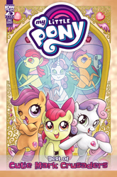 Size: 2063x3131 | Tagged: safe, artist:brendahickey, idw, imported from derpibooru, apple bloom, scootaloo, sweetie belle, earth pony, pegasus, pony, unicorn, series:best of my little pony, apple bloom's bow, bow, comic cover, cutie mark, cutie mark crusaders, female, filly, foal, hair bow, high res, horn, my little pony logo, official, official comic, open mouth, open smile, smiling, spread wings, the cmc's cutie marks, trio, trio female, wings