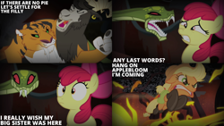 Size: 2000x1125 | Tagged: safe, edit, edited screencap, editor:quoterific, imported from derpibooru, screencap, apple bloom, applejack, chimera sisters, chimera, somepony to watch over me, multiple heads, three heads