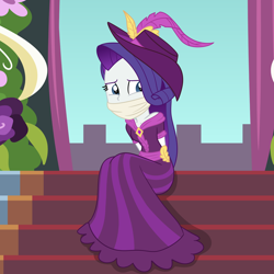 Size: 2000x2000 | Tagged: safe, artist:nie-martw-sie-o-mnie, imported from derpibooru, part of a set, rarity, human, equestria girls, magical mystery cure, arm behind back, cloth gag, clothes, coronation dress, dress, female, femsub, gag, rarisub, sitting, solo, stairs, submissive