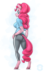 Size: 1864x3070 | Tagged: safe, artist:mysticalpha, imported from derpibooru, pinkie pie, anthro, unguligrade anthro, bracelet, breasts, busty pinkie pie, clothes, jewelry, pants, shirt, solo, sweatpants