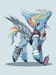 Size: 1668x2224 | Tagged: safe, artist:paley693, imported from derpibooru, rainbow dash, pegasus, pony, amputee, artificial wings, augmented, clothes, ear piercing, female, jacket, jewelry, light blue background, mare, metal wing, necklace, piercing, prosthetic limb, prosthetic wing, prosthetics, simple background, solo, spiked wristband, spray can, watermark, wings, wristband