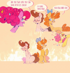 Size: 1080x1121 | Tagged: safe, artist:sockiepuppetry, imported from derpibooru, li'l cheese, pinkie pie, pound cake, pumpkin cake, earth pony, pegasus, pony, unicorn, the last problem, accordion, animated, chaos, dialogue, gif, horn, musical instrument, older, older pinkie pie, older pound cake, older pumpkin cake, trombone