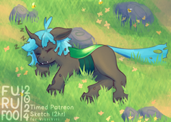 Size: 1000x712 | Tagged: safe, artist:furufoo, imported from derpibooru, oc, oc only, oc:changeling filly anon, oc:filly anon, bee, changeling, changeling queen, insect, nymph, blue mane, changeling oc, changeling queen oc, changelingified, colored, commission, cute, digital art, eyes closed, fangs, female, field, filly, flower, foal, grass, grass field, horn, lying down, on side, onomatopoeia, outdoors, peaceful, rock, shading, signature, sleeping, smiling, snoring, solo, sound effects, species swap, wingless, zzz