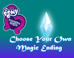 Size: 2344x1843 | Tagged: safe, artist:dupontsimon, imported from derpibooru, fanfic:choose your own magic ending, equestria girls, equestria girls series, equestria girls logo, fanfic art, gradient background, logo, no pony, poster, text