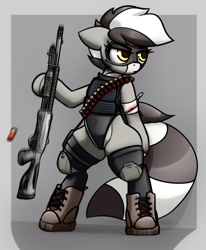 Size: 742x900 | Tagged: safe, artist:jetwave, imported from derpibooru, oc, oc only, oc:bandy cyoot, pony, armor, bandage, bandolier, bipedal, boots, clothes, female, gun, knee pads, mare, shoes, shotgun, solo, tactical vest, weapon