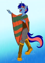 Size: 2894x4093 | Tagged: safe, artist:dragonfoxgirl, imported from derpibooru, oc, oc only, anthro, unicorn, clothes, gradient background, horn, poncho, rain, solo, unicorn oc