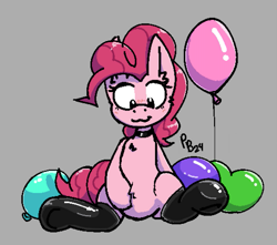 Size: 783x692 | Tagged: safe, artist:ponballoon, imported from derpibooru, pinkie pie, earth pony, pony, :3, balloon, belly, belly fluff, blushing, chest fluff, choker, clothes, ear fluff, featureless crotch, female, gray background, latex, latex socks, looking down, mare, simple background, sitting, socks, solo, underhoof