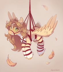 Size: 2067x2344 | Tagged: safe, artist:skysorbett, imported from derpibooru, oc, oc only, oc:k0potb, pegasus, pony, blonde, blonde hair, blonde mane, bondage, chest fluff, colored sclera, feather, female, full body, horns, looking at you, mare, pegasus oc, rope, rope bondage, shibari, solo, spread wings, tied up, wings, yellow sclera