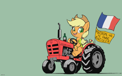 Size: 3840x2400 | Tagged: safe, artist:darkdoomer, applejack, earth pony, pony, alcohol, female, france, french, green background, mare, massey-ferguson, politics, protest, simple, simple background, solo, tractor, wallpaper, wine, yellow vest