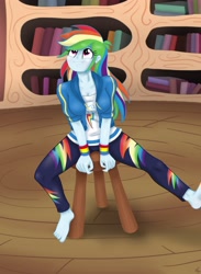 Size: 2838x3883 | Tagged: safe, artist:lennondash, imported from derpibooru, rainbow dash, equestria girls, testing testing 1-2-3, 2d, barefoot, breasts, cleavage, clothes, feet, female, golden oaks library, indoors, jacket, library, looking up, pants, scene interpretation, shirt, sitting, smiling, stool, thunderbolt, toes, wristband