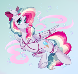 Size: 4200x4000 | Tagged: safe, artist:k0potb, imported from derpibooru, oc, oc only, oc:sky sorbet, pegasus, pony, bondage, bow, curly hair, curly mane, female, full body, hair bow, looking at you, mare, multicolored hair, multicolored mane, open mouth, pegasus oc, rope, rope bondage, shibari, tied up, wings