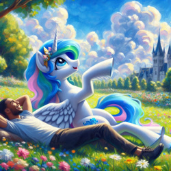 Size: 1024x1024 | Tagged: safe, imported from derpibooru, princess celestia, alicorn, human, ai content, ai generated, anonymous prompter, castle, clothes, cloud, flower, generator:bing image creator, generator:dall-e 3, lying down, meadow, pants, park, pointing, shirt, shoes, smiling, wrong cutie mark
