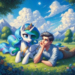 Size: 1024x1024 | Tagged: safe, imported from derpibooru, princess celestia, alicorn, human, ai content, ai generated, anonymous prompter, blue eyes, clothes, cloud, cloudy, crown, field, flower, generator:bing image creator, generator:dall-e 3, hand on chin, jewelry, lying down, meadow, mountain, pants, peytral, regalia, shirt, tree, wrong cutie mark, wrong eye color