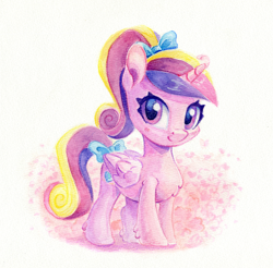 Size: 1118x1100 | Tagged: safe, artist:maytee, imported from derpibooru, princess cadance, alicorn, pony, bow, chibi, cute, cutedance, daaaaaaaaaaaw, female, filly, filly cadance, hair bow, solo, tail, tail bow, traditional art, younger