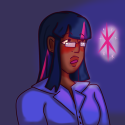 Size: 2048x2048 | Tagged: safe, artist:snappyshni, imported from derpibooru, twilight sparkle, human, blue background, clothes, dark skin, female, glasses, humanized, open mouth, shirt, simple background, solo