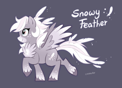 Size: 2048x1495 | Tagged: safe, artist:amavaria, imported from derpibooru, oc, oc only, oc:snowy feather, pegasus, pony, blue eyes, chest fluff, coat markings, colored hooves, colored muzzle, colored wings, colored wingtips, eyelashes, facial markings, feather, feathers in hair, feathers in tail, fluffy, freckles, gray background, gray coat, long mane, long tail, mealy mouth (coat marking), pegasus oc, profile, raised hoof, raised leg, signature, simple background, smiling, socks (coat markings), solo, sparkles, spread wings, tail, text, two toned eyes, two toned mane, two toned tail, two toned wings, unshorn fetlocks, walking, white mane, white tail, wingding eyes, wings, yellow eyes