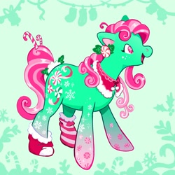 Size: 2500x2500 | Tagged: safe, artist:cracklewink, imported from derpibooru, minty, earth pony, pony, abstract background, alternate color palette, alternate design, candy, candy cane, clothes, coat markings, collar, colored pinnae, curly mane, curly tail, female, food, freckles, g3, gradient legs, green coat, hair accessory, high res, hoof shoes, mare, mint coat, mismatched socks, open mouth, open smile, pink mane, pink tail, profile, shiny mane, shiny tail, smiling, socks, solo, standing, striped socks, tail, tail accessory, tied tail, two toned eyes, two toned mane, two toned tail, unusual pupils