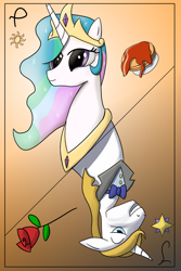 Size: 1024x1536 | Tagged: safe, artist:draconequues, imported from derpibooru, prince blueblood, princess celestia, alicorn, unicorn, cover, digital art, fimfiction.net link, flower, food, gradient background, horn, pancakes, playing card, rose