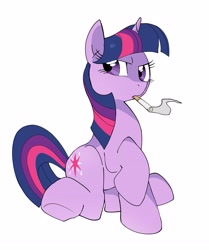 Size: 2545x3040 | Tagged: safe, artist:cheesesauce_45, imported from derpibooru, twilight sparkle, pony, unicorn, cigarette, drug use, drugs, female, frown, grumpy, grumpy twilight, high res, horn, looking back, mare, multicolored mane, multicolored tail, narrowed eyes, purple coat, purple eyes, raised hoof, raised leg, simple background, sitting, smoke, smoking, solo, straight mane, straight tail, tail, unicorn horn, unicorn twilight, white background, wingding eyes