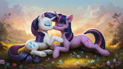 Size: 1920x1080 | Tagged: safe, imported from derpibooru, rarity, twilight sparkle, pony, unicorn, ai content, ai generated, female, generator:pony diffusion v6 xl, generator:stable diffusion, grass, grass field, horn, kiss on the lips, kissing, lesbian, outdoors, prompter:truekry, rarilight, shipping, sunset