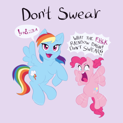 Size: 2500x2500 | Tagged: safe, artist:missmccloud, imported from derpibooru, pinkie pie, rainbow dash, earth pony, pegasus, pony, angry, blue coat, blue eyes, censored vulgarity, comic, cutie mark, duo, duo female, eyebrows, female, flying, grawlixes, hypocritical humor, looking at you, magenta eyes, multicolored hair, open mouth, pink coat, pink hair, purple background, rainbow hair, raised eyebrow, signature, simple background, smiling, smug, speech bubble, spread wings, swearing, sweat, sweatdrop, teary eyes, teeth, text, upset, vulgar, what the heck rainbow dash don't swear, wide eyes, wings