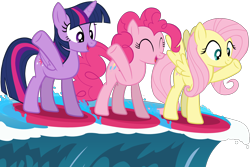 Size: 3030x2019 | Tagged: safe, artist:zslnews, imported from derpibooru, fluttershy, pinkie pie, twilight sparkle, alicorn, earth pony, pegasus, ^^, excited, eyes closed, simple background, surfboard, surfing, transparent background, twilight sparkle (alicorn), vector, water, wave
