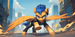 Size: 4096x2048 | Tagged: safe, imported from derpibooru, flash sentry, pegasus, pony, ai assisted, ai content, ai generated, badass, city, clothes, costume, generator:pony diffusion v6 xl, generator:stable diffusion, glasses, high res, prompter:oranzinispegasiukas, solo, spread wings, wings