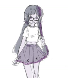 Size: 1302x1493 | Tagged: safe, artist:sugarcube269, imported from derpibooru, sci-twi, twilight sparkle, human, equestria girls, clothes, female, glasses, looking at you, monochrome, pigtails, simple background, sketch, skirt, smiling, solo, twintails, white background