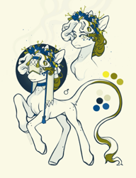 Size: 1571x2048 | Tagged: safe, artist:kurkumut, imported from derpibooru, oc, oc only, unnamed oc, earth pony, pony, body freckles, concave belly, curly mane, curly tail, earth pony oc, facial markings, floral head wreath, flower, freckles, frown, leg freckles, leonine tail, long mane, long mane male, looking back, male, rearing, slender, stallion, tail, tail fluff, thin, two toned mane, two toned tail, veil, white coat, white eyes, white mane