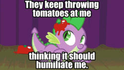 Size: 960x540 | Tagged: safe, edit, edited screencap, editor:undeadponysoldier, imported from ponybooru, screencap, spike, dragon, eating, food, fruit, lying down, male, not abuse, prone, response, tomato