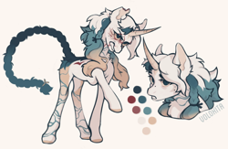 Size: 2048x1335 | Tagged: safe, artist:kurkumut, imported from derpibooru, oc, oc only, unnamed oc, unicorn, ambiguous gender, beauty mark, braid, braided tail, coat markings, color palette, colored hooves, colored horn, colored pinnae, colored sclera, curved horn, duality, ear fluff, facial scar, frown, gradient tail, gritted teeth, horn, long legs, long mane, long tail, messy mane, mole, multicolored mane, raised hoof, scar, signature, simple background, slender, solo, tail, teeth, thin, thin legs, tied tail, torn ear, two toned coat, two toned tail, unicorn oc, yellow background, yellow sclera