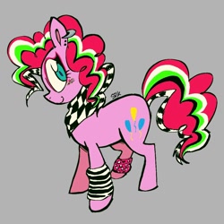 Size: 1074x1074 | Tagged: safe, artist:pichepata, imported from derpibooru, pinkie pie, earth pony, pony, bandana, big eyes, blue eyes, blush scribble, blushing, clothes, colored pinnae, curly mane, curly tail, dyed mane, dyed tail, ear piercing, earring, eyelashes, eyeshadow, female, gray background, jewelry, leg warmers, makeup, mare, multicolored mane, multicolored tail, neckerchief, piercing, pink coat, profile, scene, scene hair, scene kid, signature, simple background, smiling, solo, standing, tail, teal eyes, wingding eyes